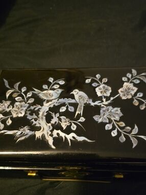 Black Lacquer Jewelry Box with Mother-of-Pearl Bird Inlay